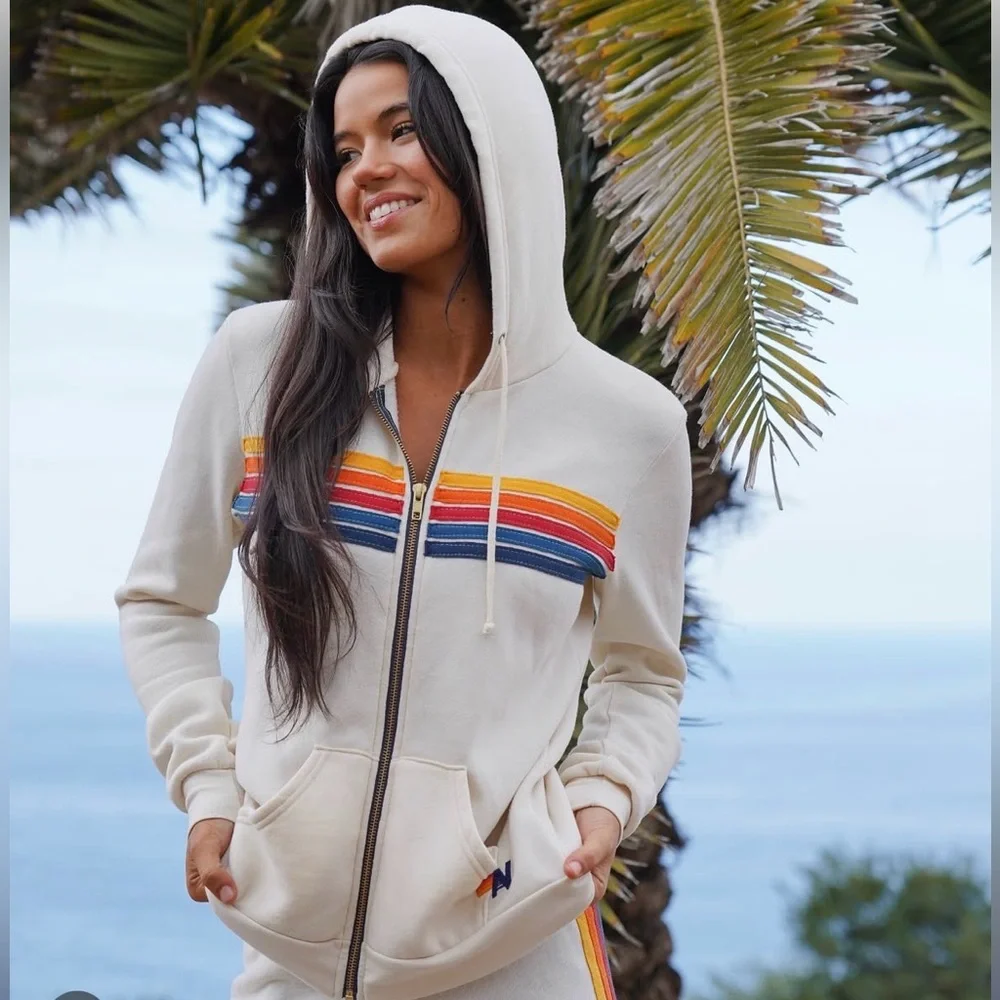🌈 Aviator Nation Cream Rainbow Striped Hoodie - Picture 4 of 7